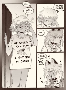 2girls bonnie_guerra bxxxnie comic cute female monochrome shirt_only text tired werewolf wholesome yuri