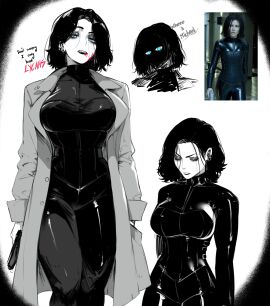 1girls black_hair blood_on_face blue_eyes breasts clothed clothed_female coat dialogue fangs female female_only kate_beckinsale latex latex_suit light-skinned_female light_skin masoq095 pale-skinned_female pale_skin selene_(underworld) short_hair skin_tight skintight solo solo_female text thighs underworld vampire vampire_girl vampire_teeth