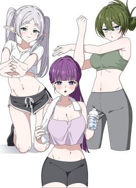 armpits bare_arms bare_belly bare_legs bare_thighs belly_button big_breasts blush body_blush breasts cleavage closed_mouth cropped_shirt elf feet female fern_(sousou_no_frieren) frieren green_eyes green_hair green_sports_bra groin kayuu_(hikentai0112) long_hair medium_breasts on_knees parted_lips pointy_ears ponytail purple_eyes purple_hair purple_shirt shirt shorts smile socks sousou_no_frieren sports_bra sportswear stretching_arms sweat sweaty_body thighs towel towel_around_neck twintails ubel_(sousou_no_frieren) white_hair white_shirt