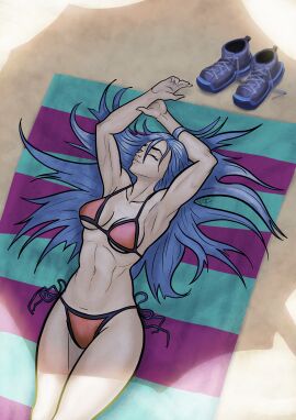 beach bikini blue-haired_female blue_hair female minah orange_bikini rot_seraph sleeping swimsuit
