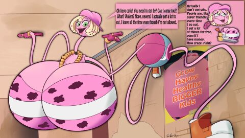 2025 absurd_res accessory ambiguous_gender animate_inanimate big_breasts blonde_hair blush blush_stickers bottomwear bracelet breasts ceiling cleavage climbing_wall clinging clothed clothing digit_ring digital_media_(artwork) english_text female fingers footwear gold_(metal) gold_jewelry green_eyes hair hanging_from_ceiling hat headgear headwear hi_res huge_breasts human humanoid hyper hyper_breasts inside jewelry larger_female living_toy looking_at_viewer mammal mob_entertainment mommy_long_legs necklace noodle_arms not_furry open_mouth pink_body poppy_playtime poster ring shoes shorts size_difference smaller_ambiguous smile solo speech_bubble text theneverwere topwear wall_(structure)