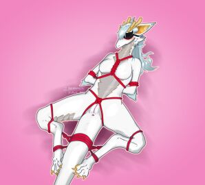 absurd_res anthro anus arms_tied ass bedroom_eyes blindfold blush blush_lines bondage bound breasts dragon eastern_dragon featureless_breasts female fully_bound genitals hair hands_behind_back hi_res horn legs_tied looking_pleasured lying mythological_creature mythological_scalie mythology narrowed_eyes nude on_back pussy restraints rope rope_bondage rope_harness scalie seductive simple_background smile smug solo spread_legs spreading submissive tail tail_bondage tail_tied temnelc vulva white_dragon_(mahjong_soul)