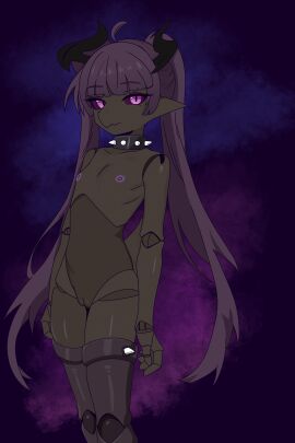 2:3 absurd_res animate_inanimate anthro areola biped brown_body brown_skin cel_shading collar doll_joints e10109 female flat_chested genitals hair hi_res horn kobold nebula nipples pink_eyes porcelain purple_eyes purple_hair purple_nipples purple_sclera scalie shaded snout solo space spiked_collar spikes spikes_(anatomy) tail twintails_(hairstyle) vulva xo_(e10109)