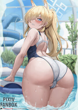 absurdres animal_ears ass ass_focus back_cutout blue_archive blue_eyes blue_halo blush clothing_cutout dog_ears dog_girl female from_behind hair_over_one_eye halo highres kanna_(blue_archive) kanna_(swimsuit)_(blue_archive) kuutamo long_hair looking_at_viewer one-piece_swimsuit ponytail public public_peace_bureau_(blue_archive) sharp_teeth solo swimsuit teeth thick_thighs thighs valkyrie_po valkyrie_police_school_student wading watermark web_address wet white_one-piece_swimsuit