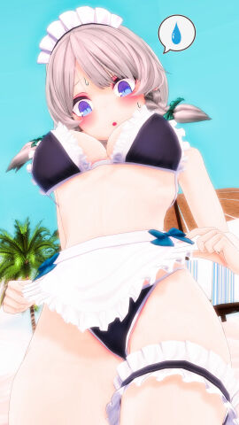 1girls 2024 3d bikini black_swimsuit blue_bowtie blue_eyes dialogue_bubble embodiment_of_scarlet_devil female frilled_bikini frills human legwear light-skinned_female light_skin maid_apron maid_headdress mmd outdoors palm_tree sakuya_izayoi solo_female solo_focus sweatdrop swimsuit teal_bowtie touhou upskirt white_hair worm's-eye_view yabuinu_mmder