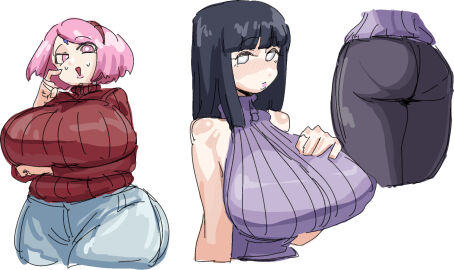 2girls aged_up ass ass_focus ass_shot bangs beauty_mark boruto:_naruto_next_generations breast_rest breasts female female_only forehead_jewel forehead_mark hairband haruno_sakura head_jewelry headband hyuuga_hinata jeans large_breasts leebong leebongchun long_hair mature mature_female milf mole mole_under_eye multiple_females multiple_girls naruto naruto_(series) pink_eyes pink_hair pink_lipstick purple_eyes purple_hair purple_sweater red_sweater sakura_haruno short_hair shoulderless_sweater shoulderless_topwear straight_hair sweater uchiha_sakura uzumaki_hinata white_background