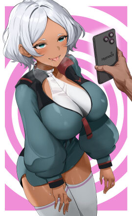 1boy asticassia_school_uniform big_breasts blue_eyes blue_jacket blue_shorts breasts cellphone commentary dark-skinned_female dark_skin drooling empty_eyes english_commentary female grey_hair gundam gundam_suisei_no_majo halterneck highres hypnosis jacket large_breasts leotard long_sleeves looking_at_phone male mind_control open_mouth parted_bangs partially_unzipped phone saliva school_uniform secelia_dote short_hair short_shorts shorts shoulder_boards simple_background smartphone solo_focus spiral_background sweat t3x thighhighs tongue tongue_out white_leotard white_thighhighs