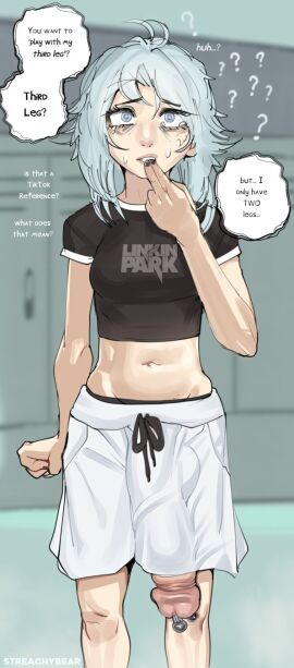 1futa ? basketball_shorts bulge bulge_down_leg bulge_through_clothing chainsaw_man confused_look crop_top dialogue fami_(chainsaw_man) female futa_only futanari huge_cock inexperienced intersex nail_polish oblivious penis penis_piercing penis_thick_as_legs penis_through_leghole penis_to_the_knees revealing_clothes shorts solo solo_futa sportswear standing streachybear text tomboy unaware wardrobe_malfunction workout_clothes