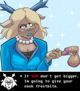 anthro balls blonde_hair blue_horn blue_lipstick blue_nose bodily_fluids bovid breasts caprine carol_holiday castration_threat clothed clothing deer deltarune deltarune_chapter_4 digital_media_(artwork) disembodied_penis erection eyebrows female frown gem genital_fluids genitals hair horn humiliation imminent_castration jewelry lips lipstick makeup male mammal mature_female moments_before_disaster necklace new_world_deer pearl_(gem) pearl_necklace penis penis_humiliation pickleticklr reindeer scowl simple_background small_penis_humiliation solo suit_jacket text threatening_words undertale_(series)