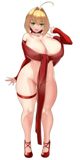 1girls areolae aster_crowley big_breasts big_thighs blonde_hair blush breasts busty cleavage curvy fate/grand_order fate_(series) female full_body green_eyes high_heels huge_breasts huge_thighs large_breasts large_thighs nero_claudius_(fate) nipple_piercing nipples no_artist_signature piercing pussy see-through see-through_clothing simple_background solo standing thick_thighs thighs voluptuous white_background