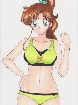1990s_(style) 1girls alluring bikini bishoujo_senshi_sailor_moon breasts brown_hair clenched_hand clothes_writing collarbone earrings female green_bikini green_eyes hair_bobbles hair_ornament hand_on_own_hip jewelry long_hair looking_at_viewer makoto_kino medium_breasts momohiyaltuko0124 nekito ponytail rascal_(n119) retro_artstyle simple_background smile smiling_at_viewer solo sports_bikini swimsuit