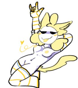 2024 archaeo_eros armwear bare_arms bare_breasts bare_shoulders breasts cat_ears cat_girl cat_tail catgirl female masked_female oc thighhighs visible_nipples yellow_fur yellow_hair