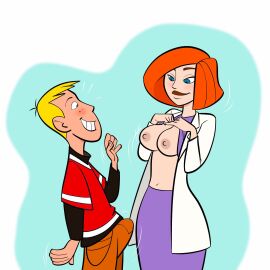 1boy 1girls ann_possible areolae big_breasts breasts digital_media_(artwork) disney disney_channel erection_under_clothes female flashing kim_possible labcoat male male/female markkleanup milf mother nipples no_bra older_female older_female_and_younger_male ron_stoppable straight younger_male
