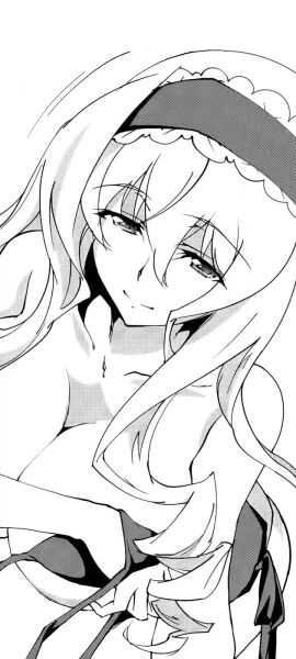 1girls big_breasts bikini breasts busty cecilia_alcott cleavage covering_breasts covering_privates drill_hair female female_only hairband half-closed_eyes highres infinite_stratos large_breasts leaning_forward legs long_hair looking_at_viewer monochrome pose posing seductive seductive_look seductive_smile sensual simple_background smile solo swimsuit teasing thighs undressing untied_bikini voluptuous