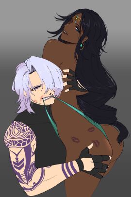 ass ass_focus ass_grab black_hair blue_eyes dark-skinned_female dark_skin female fruitychief interracial lipstick_mark oc one-piece_swimsuit original original_character original_characters purple_eyes tattoo tongue white_hair