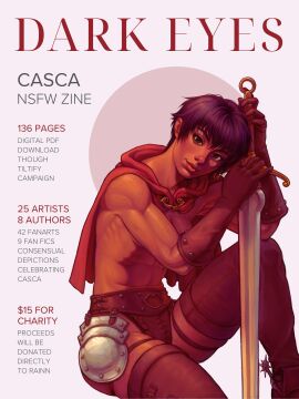 1girls abs berserk brown_eyes cape casca cleavage convenient_censoring cover dark-skinned_female english_text female female_only hi_res human looking_at_viewer magazine_cover prince_revenant short_hair sitting skindentation sword text thighhigh_boots thighhighs tomboy topless