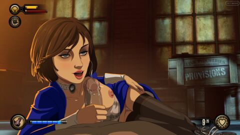 bioshock bioshock_infinite blue_dress bowl_cut breasts cock corset dark-skinned_male dark_skin dick dress_lift elizabeth_comstock female hand_on_hip holding_penis laying_on_floor laying_on_side male male_on_bottom necklace pecks penis saliva saliva_drip saliva_on_penis saliva_string short_hair stockings tan_skin tan_skinned_female thighhigh_stockings thighhighs thighs vest zone