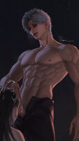 1boy abs artist_name biceps black_background couple cum cum_on_hair dated erection female highres lips long_hair looking_at_another love_and_deep_space love_and_deepspace male muscular muscular_male pants parted_bangs parted_lips pectorals penis protagonist_(love_and_deepspace) red_eyes second-party_source short_hair simple_background standing straight sweat sylus_(love_and_deep_space) sylus_(love_and_deepspace) white_hair wo_zhen_de_hao_e_ya