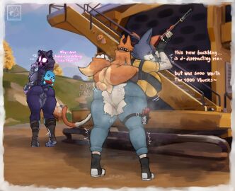 anal anal_sex anthro anus armor ass backsack balls ballsack bear bent_over big_breasts big_butt bodily_fluids bottomwear breasts calico_cat canid canine cate_meowdy_(fortnite) clothing collar denim denim_bottomwear denim_clothing dialogue domestic_cat english_text epic_games felid feline felis female fingerless_gloves footwear fortnite fox from_behind_position fur fuzzycreature gauntlets genital_fluids genitals gloves group gun handwear hi_res holding_gun holding_object holding_ranged_weapon holding_weapon hood huge_breasts huge_butt jeans larger_anthro larger_female larger_penetrated male male/female mammal pants penetration penile penile_penetration penis penis_in_ass perching_position plap purple_body purple_eyes purple_fur pussy ranged_weapon raven_team_leader sex shoes short_tail size_difference spiked_collar spikes sprite_(fortnite) standing standing_sex tail text thick_thighs topwear torn_bottomwear torn_clothing torn_jeans torn_pants vaginal_fluids vest vulva weapon