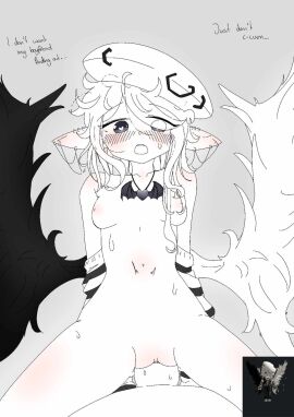 1boy 1girls areolae artist_request black_and_white blush breasts cheating cheating_(relationship) cheating_female cheating_girlfriend cowgirl_position cucked_by_bully cucked_by_friend cuckold cuckolding dialogue elf_ears english_text exposed_breasts exposed_pussy female girlfriend half_angel half_demon hat heart-shaped_pupils heart_eyes kiro_(miss_plebbycookies) male naked naked_female necklace netorare netorase nipples ntr oc penis piercings pussy reference_image riding_penis roblox roblox_avatar robloxian small_breasts source_request sweat text unfaithful white_hair white_hat white_skin wings