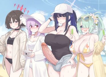 1futa 3girls aqua_hair arius_squad_(blue_archive) atsuko_(blue_archive) atsuko_(swimsuit)_(blue_archive) bangs baseball_cap bikini black_bikini black_camisole black_choker black_hair blue_archive blue_eyes blue_hair blue_shorts blue_sky blush breasts brown_eyes brown_hair camera camisole choker cleavage clothed clothing coat day denim denim_shorts erection eyewear_on_head female floral_print food futanari hair_over_one_eye halo hands_up hat highres hiyori_(blue_archive) hiyori_(swimsuit)_(blue_archive) holding holding_camera holding_food holding_popsicle huge_breasts huge_cock human intersex jacket jewelry korean_text light-skinned_female light-skinned_futa light_skin long_hair long_sleeves looking_at_penis minishell misaki_(blue_archive) misaki_(swimsuit)_(blue_archive) mostly_clothed multiple_females multiple_girls navel necklace open_clothes open_coat open_mouth outdoors penis penis_awe ponytail popsicle purple_hair purple_halo red_eyes red_halo saori_(blue_archive) saori_(swimsuit)_(blue_archive) short_hair shorts side_ponytail sidelocks sky small_breasts standing sun_hat sunglasses swimsuit throbbing_penis translation_request uncensored veins veiny_penis white_bikini white_coat white_hat yellow_bikini yellow_jacket