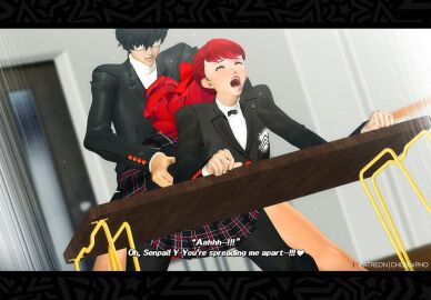 3d bent_over_table chobixpho doggy_style_(persona) female kasumi_yoshizawa leggings persona persona_5 ponytail red_hair school_uniform schoolgirl sumire_yoshizawa