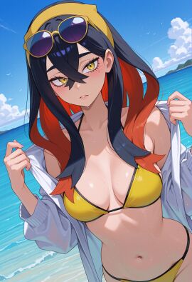 1girl ai_generated bangs beach bikini bird black_hair blue_sky blush breasts carmine_(pokemon) cleavage collarbone day eyewear_on_head hair_between_eyes long_hair looking_at_viewer multicolored_hair navel ocean off_shoulder open_clothes outdoors owari_wan parted_lips pokemon pokemon_sv sky solo stomach sunglasses swimsuit water yellow_bikini yellow_eyes