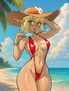 1girls bikini blonde_hair centinel303 cra dofus elf elf_ears elf_female elf_girl evangelyne female green_eyes ice_cream short_hair sling_bikini solo solo_female solo_focus standing sun_hat sweat tana wakfu