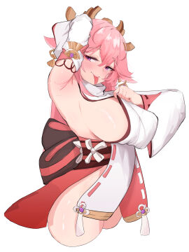 1girls alternate_version_available arm_up armpits breasts cowboy_shot detached_sleeves female genshin_impact hair_ornament half-closed_eyes huge_breasts large_breasts long_hair long_sleeves miko naoonaao no_panties nontraditional_miko pink_hair purple_eyes sideboob sidelocks skimpy_clothes solo suggestive_pose thick_thighs thighs tongue tongue_out white_shirt yae_miko