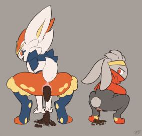 anthro anus artist_name ass balls barely_visible_balls barely_visible_genitalia blue_body blue_fur buckteeth cheek_tuft cinderace cotton_tail crouching duo ears_down enjoying_the_go facial_tuft feces feces_on_ground feces_pile fur generation_8_pokemon genitals grey_background grey_body grey_fur hand_on_ground head_tuft hi_res jadeder long_ears looking_back male male_pooping narrowed_eyes nintendo orange_body orange_eyes orange_fur pivoted_ears pokemon pokemon_(species) pooping_on_floor pooping_together raboot raised_tail scat scatplay scut_tail short_tail simple_background tail teeth text tuft white_body white_fur yellow_body yellow_fur