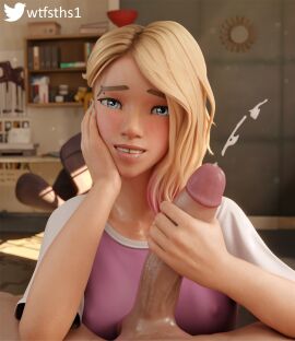 1boy 1girls 3d asymmetrical_hair balls big_balls big_penis blender blender_cycles blonde_female blonde_hair blue_eyes breasts cum cumshot eye_contact female gap_teeth gwen_stacy gwen_stacy_(spider-verse) hand_on_cheek handjob huge_balls huge_cock human human_male light-skinned_female light-skinned_male light_skin looking_at_partner looking_at_viewer male marvel marvel_comics multicolored_hair oversized_clothes oversized_shirt penis petite piercing piercings pov pov_eye_contact skinny skinny_female smile smiling smiling_at_viewer spider-gwen spider-man:_across_the_spider-verse spider-man:_into_the_spider-verse spider-man_(series) superhero superheroine teenage_female teenage_male teenager teeth_gap wet_body wet_boobs wtfsths
