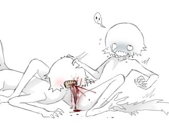 2025 4_toes 5_fingers ambiguous_gender ambiguous_humanoid andromorph andromorph_humanoid bite blood_drip blood_splatter blush bodily_fluids digital_drawing_(artwork) digital_media_(artwork) dripping drooling duo eyeless feet fingers fraid_(species) fur genital_bite genital_mutilation genital_torture genitals gore gore_focus hand_on_another's_head hand_on_head humanoid intersex intersex_humanoid jejejunum looking_up mutilation nude_humanoid pain saliva spread_legs spreading tail teeth toes vulva white_body white_fur white_tail yellow_teeth