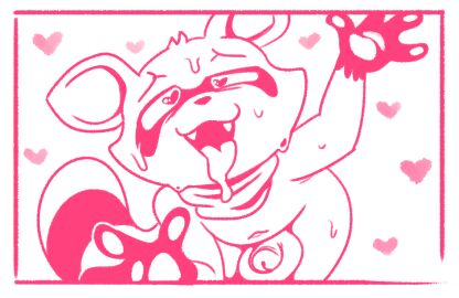 2025 4_fingers against_screen anthro balls bent_over bodily_fluids cute_fangs drooling fangs fingers genitals half-closed_eyes heart_eyes heart_symbol indigo_park kerchief kerchief_only looking_at_viewer male mammal monochrome narrowed_eyes onihidden pawpads penis pink_and_white procyonid raccoon rambley_raccoon saliva solo teeth tongue tongue_out