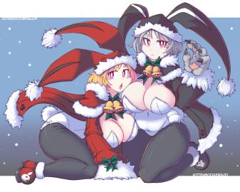 blonde_hair breasts bunny_ears bunny_girl bunnysuit christmas_clothing chubby chubby_female cleavage disgaea disgaea_5 disgaea_rpg female kittenboogers large_breasts leotard multiple_females multiple_girls nippon_ichi_software pantyhose red_eyes thick_eyebrows usalia_(disgaea)
