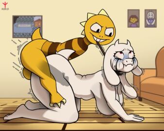 age_difference all_fours anthro armless asphyxiation avioylin balls balls_deep big_breasts bodily_fluids bovid breasts caprine crying detailed_background dinosaur domination dripping duo female from_behind_position genital_fluids goat hi_res leash leash_pull makeup male male/female male_dominating_female male_on_top mammal mascara mascara_tears mature_anthro mature_female monster monster_kid motion_lines nipples nude on_the_floor on_top penetration reptile scalie sex strangling tears thick_thighs toriel undertale undertale_(series) x-ray younger_anthro younger_male