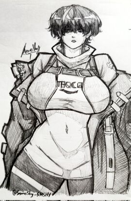 1girls 2d 2d_(artwork) 2d_artwork arc_system_works artist_name artist_signature belt belts big_breasts black_hair breasts clothed_breasts female fully_clothed guilty_gear guilty_gear_strive hand_drawn handdrawn handdrawn_art huge_breasts jacket jacket_on_shoulders jacket_open large_breasts monochrome no_background paper_(artwork) pencil_(artwork) pixie_cut someshy_(artist) thick_thighs tight_clothing tomboy unika_(guilty_gear)