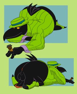 absurd_res all_fours anthro anus ass ass_out avian balls beak big_butt bird black_body black_eyes black_feathers bob-jiggles bottomless bottomless_anthro bottomless_male cigar clothed clothing corvid corvus_(genus) cross-hatching crow duke_(fritz_the_cat) feathers fritz_the_cat genitals hat hatching_(art) headgear headwear hi_res humanoid_genitalia humanoid_penis looking_aside looking_away looking_back lying male on_front oscine passerine pattern_clothing penis presenting presenting_hindquarters shaded simple_background slightly_chubby slightly_chubby_anthro slightly_chubby_male solo striped_clothing stripes suit tail tail_feathers yellow_sclera