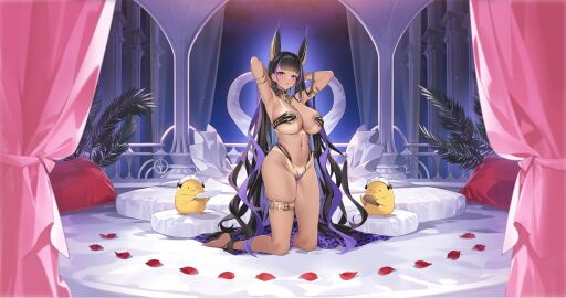 absurdly_long_hair animal_ears anklet areola_slip armlet armpits arms_behind_head arms_up azur_lane bed black_hair blunt_bangs blush bracelet breasts canopy_bed cg cleopatra_(azur_lane) cleopatra_(stars_and_roses)_(azur_lane) colored_inner_hair dark-skinned_female dark_skin earrings egyptian female full_body gold_choker gold_trim high_heels highleg indoors jackal_ears jewelry kneeling large_breasts long_hair looking_at_viewer manjuu_(azur_lane) multicolored_hair navel night official_alternate_costume official_art on_bed pasties petals pillow plant purple_eyes purple_hair revealing_clothes skindentation smile solo stomach tan thigh_strap thighlet thighs two-tone_hair very_long_hair