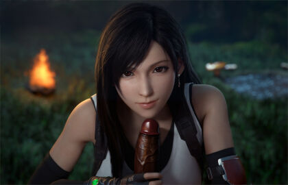 3d black_hair dark-skinned_male final_fantasy final_fantasy_vii final_fantasy_vii_remake handjob interracial looking_at_viewer red_eyes tifa_lockhart