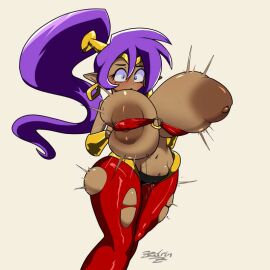 areola ass big_ass big_breasts big_butt breast_expansion breasts ear_piercing ear_ring fat_mons female genie hair hi_res huge_breasts humanoid humanoid_pointy_ears navel nipples purple_eyes purple_hair shantae shantae_(character) signature smooth_skin solo tail thick_thighs torn_clothes torn_clothing wayforward zedrin