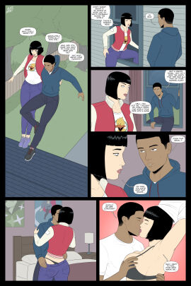 1boy 1girls bedroom bedroom_sex black_hair black_skin blacked_asian blackhornet blue_eyes breasts brown_eyes clothed clothing comic comic_page crossover dark-skinned_male dark_skin dialogue english_text female flat_colors flying hand_on_breast interracial invincible invincible_(comics) kissing male marvel marvel_comics miles_morales night ricebunny spider-man spider-man_(series) terra_grayson text viltrumite white_skin