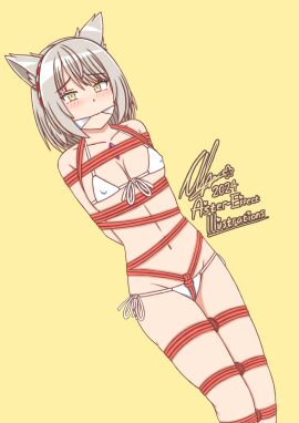 1girls alternate_costume arms_behind_back artist_signature aster-effect blush bondage bound breasts cat_ears cat_girl catgirl cleavage cleave_gag core_crystal crotch_rope curvy female female_only femsub gag gagged highres hourglass_figure medium_breasts midriff mio_(xenoblade) monolith_soft navel nintendo nipples nipples_visible_through_clothing official_alternate_costume red_rope rope short_hair silver_hair simple_background submissive submissive_female swimsuit thick_thighs thighs xenoblade_(series) xenoblade_chronicles_3 yellow_eyes