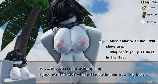 1girls 3d areolae big_breasts bikini breasts dialogue english_text female female_focus nipples oc roblox roblox_avatar roblox_game roblox_studio robloxian see-through_clothing self_upload shiro_1567 tagme text text_box