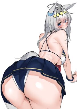 absurdres animal_ears bikini blue_hair blue_skirt breasts commission female from_behind grey_hair highres horse_ears horse_girl horse_tail kshimu large_breasts long_hair looking_at_viewer looking_back oguri_cap_(starlight_beat)_(umamusume) oguri_cap_(umamusume) simple_background skeb_commission skirt solo swimsuit tail umamusume white_background