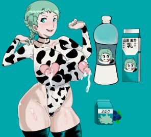 atlus big_breasts blush breasts cow_girl cow_print female female_focus female_only fuuka_yamagishi heart_cutout hucow huge_breasts lactating lactation milk milk_squirt nipple_cutout nipples persona persona_3 smiling thick thick_thighs wankofool yamagishi_fuuka