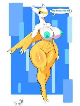 1girls absurd_res anthro big_breasts breasts dialogue emmet_twunks female full_body generation_3_pokemon hi_res huge_breasts latias legendary_pokemon nintendo nipples pokemon pokemon_(species) shiny_latias shiny_pokemon simple_background solo text thick_thighs white_body yellow_body