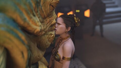 1girls 3d alexbridger belly_dancer belly_dancer_outfit boots braided_hair brown_hair chain_leash chained closed_eyes enslaved_royal female femsub harem_girl harem_outfit hutt interspecies jabba's_palace jabba_the_hutt kissing kneeling loincloth long_hair princess_leia_organa slave slave_bikini slave_collar slave_girl slave_leia slave_outfit star_wars submissive_female