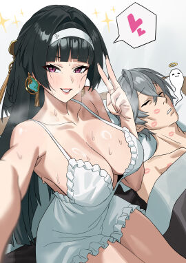 1boy 1girls absurdres astra_yao bare_shoulders black_hair blunt_bangs blush breasts cleavage commentary dress earrings female giving_up_the_ghost grey_hair grin guy_tired_after_sex_(meme) hairband heart highres jewelry large_breasts light-skinned_female light-skinned_male light_skin lipstick_mark long_hair looking_at_viewer male nightgown purple_eyes q_haoyu selfie sleeveless sleeveless_dress smile spoken_heart straight sweat v white_dress wise_(zenless_zone_zero) zenless_zone_zero