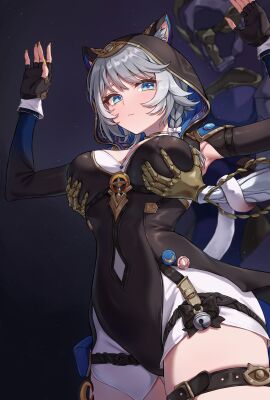 1girls arms_up armwear blue_eyes bodysuit braid breast_grab breasts cat_ears cat_girl cat_tail catgirl cipher_(honkai:_star_rail) collar double_breast_grab embarrassed female female_only from_below grabbing_from_behind grey_hair groping groping_breasts hands_on_breasts honkai:_star_rail honkai_(series) hoyoverse kadokadokado14 looking_at_viewer looking_down mihoyo molestation nail_polish standing surrendering tail thigh_strap thighs yellow_nails