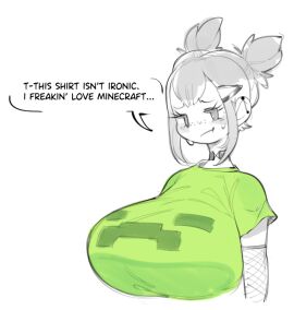 ass bangs blush blushing breasts bulumble-bee creeper ear_piercing embarrassed female fishnet_armwear fishnets hair huge_breasts looking_at_viewer minecraft piercing short_hair shy solo stuttering tagme talking_to_viewer